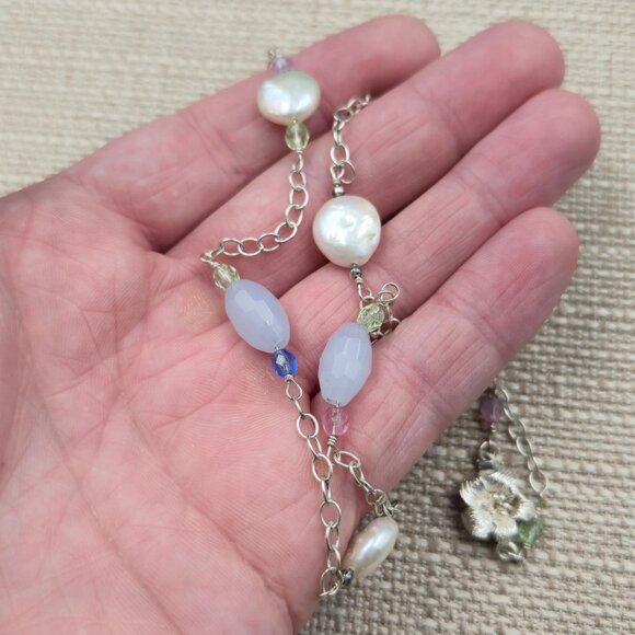 19.5 Inch Sterling Silver Genuine Pearls Flower Clasp Necklace A6583 - Picture 3 of 7